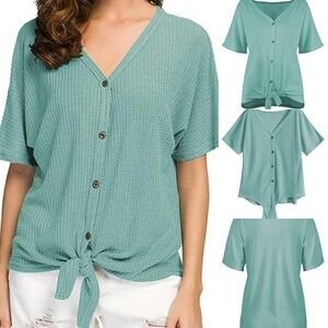 Seafoam Tie-front V-neck Button Waffle Knit